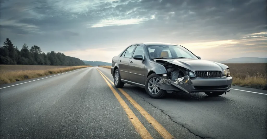 There is a car which met with an accident on an empty road.