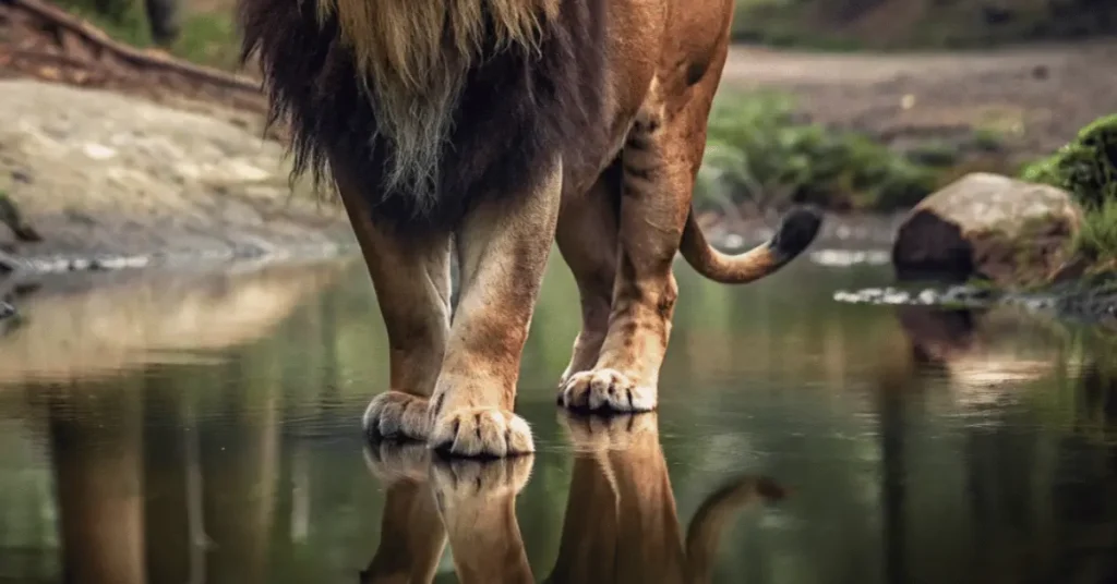 a lion standing in lake