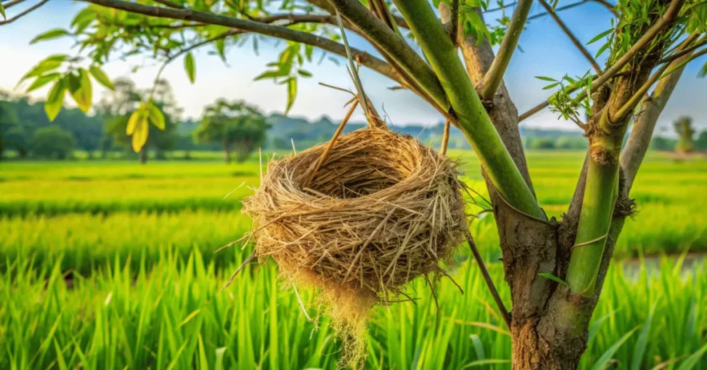 A bird's nest on a tree in a paddy field