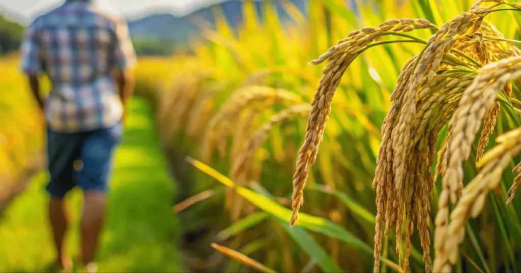 man taking care of a paddy field